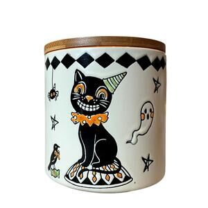 Eli + Ana Ceramic Black Cat Creep Show Canister Wood Lid Halloween 4x4" NEW